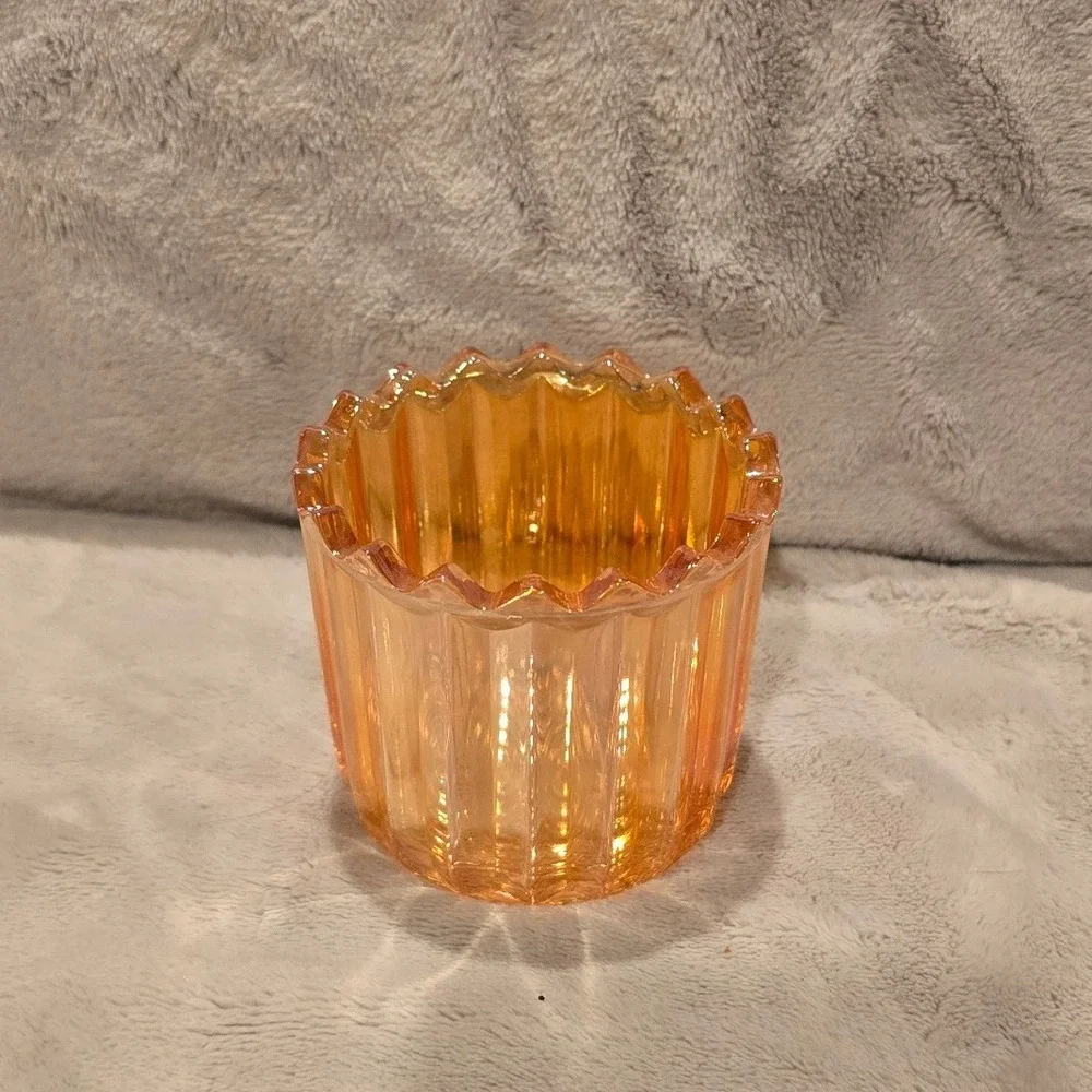 Vintage Marigold Carnival Glass Ribbed Votive Candle Holder Iridescent Orange